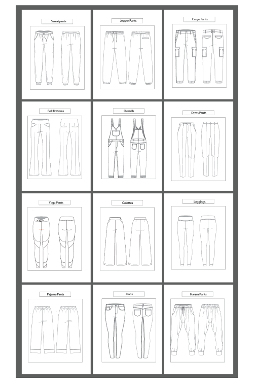 12 Women's Pants Types: Fashion Sketch and Vector Illustrations, Flat Sketch Front & Back View Template Included - smart pattern making