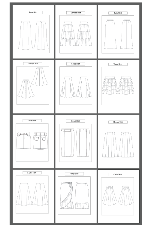 12 women's Skirt Types: Fashion Sketch and Vector Illustrations, Flat Sketch Front &amp; Back View Template Included - smart pattern making