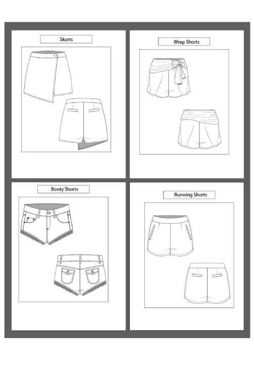 4 women's short Types: Fashion Sketch and Vector Illustrations, Flat Sketch Front and Back View Template Included - smart pattern making