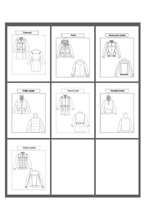 7 Men's Jacket/ Coat Types: Fashion Sketch and Vector Illustrations, Flat Sketch Front and Back View Template Included - smart pattern making