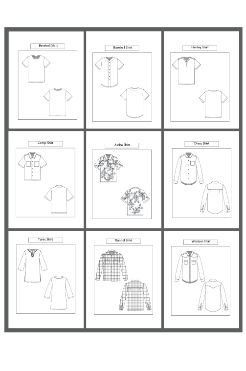 9 Men's Tops/ Shirts Types: Fashion Sketch and Vector Illustrations, Flat Sketch Front and Back View Template Included - smart pattern making