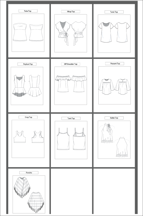 10 women's Top/ Shirt Types: Fashion Sketch and Vector Illustrations, Flat Sketch Front and Back View Template Included - smart pattern making