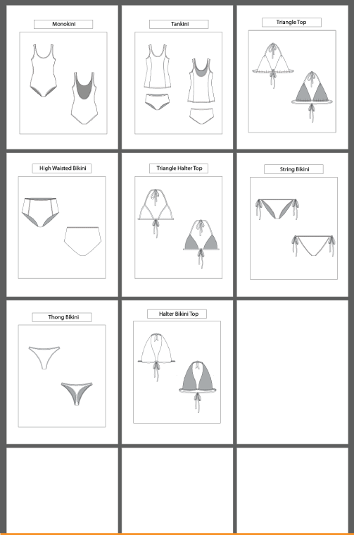 8 women's Bikini Tops Types: Fashion Sketch and Vector Illustrations, Flat Sketch Front and Back View Template Included - smart pattern making