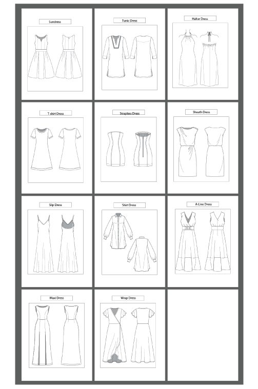 11 women's Dresses Types: Fashion Sketch and Vector Illustrations, Flat Sketch Front and Back View Template Included - smart pattern making