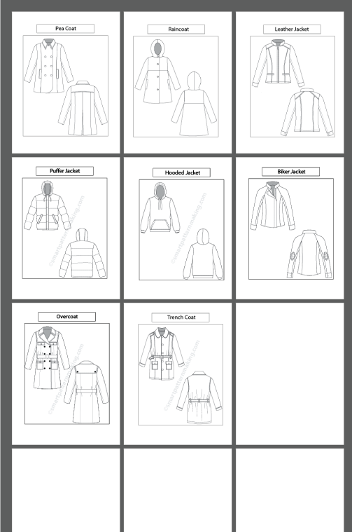 8 women's Jacket/ Coat Types: Fashion Sketch and Vector Illustrations, Flat Sketch Front and Back View Template Included - smart pattern making