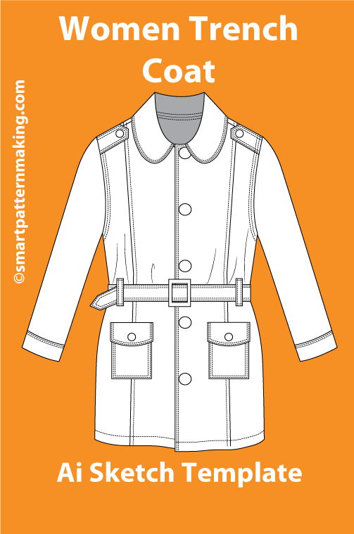 8 women's Jacket/ Coat Types: Fashion Sketch and Vector Illustrations, Flat Sketch Front and Back View Template Included - smart pattern making