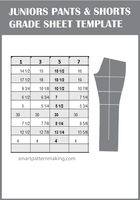 Juniors Pant & Shorts Grade Sheet Template Download Now. - smart pattern making